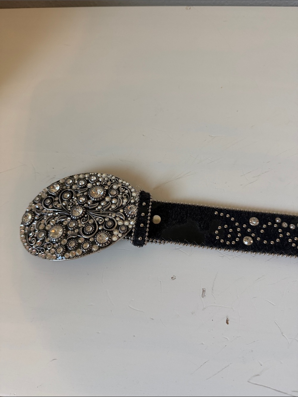 Nocona Western Black Leather Rhinestone Studded Belt M Ornate Crystal Buckle - Picture 4 of 8